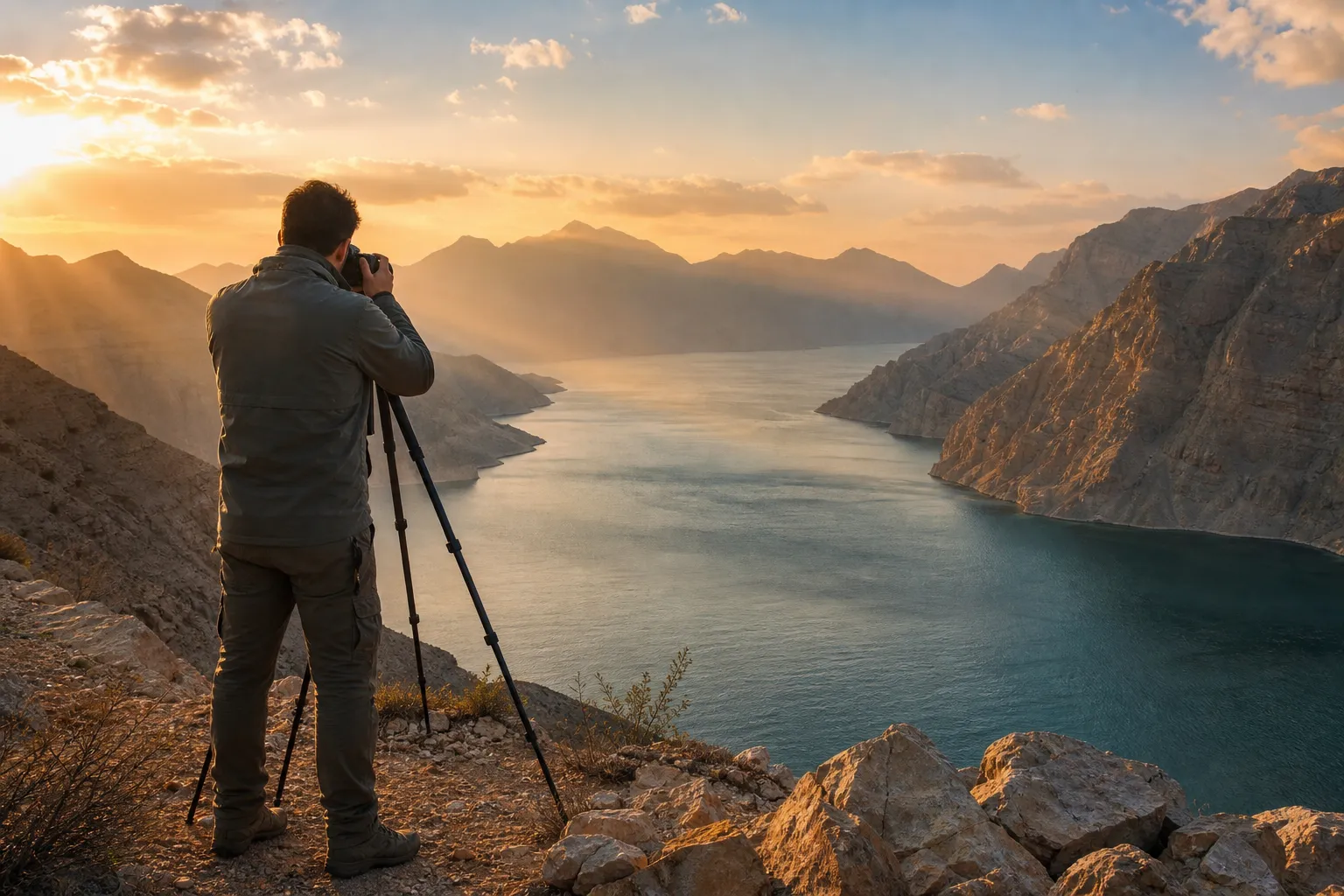 Photographer taking pictures over Musandam fjords at sunset